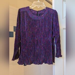Navy Purple dot Floral 3/4 Sleeve Crinkle Blouse Top Size L